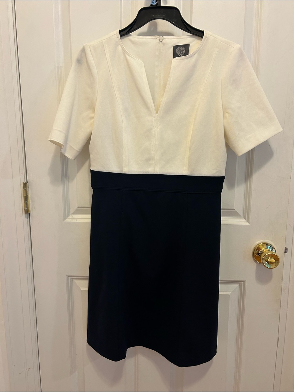 Vince Camuto Cream and Black V-Notch Sheath Dress
